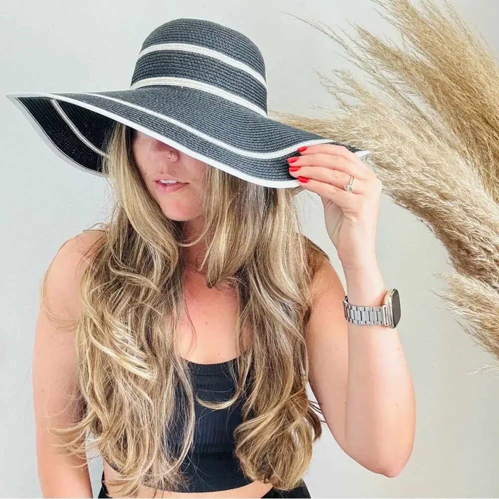 VINTAGE NORDSTROM Cream Tan Straw Wide Brim Floppy Black Stripe Wide Sun Hat - Picture 7 of 10